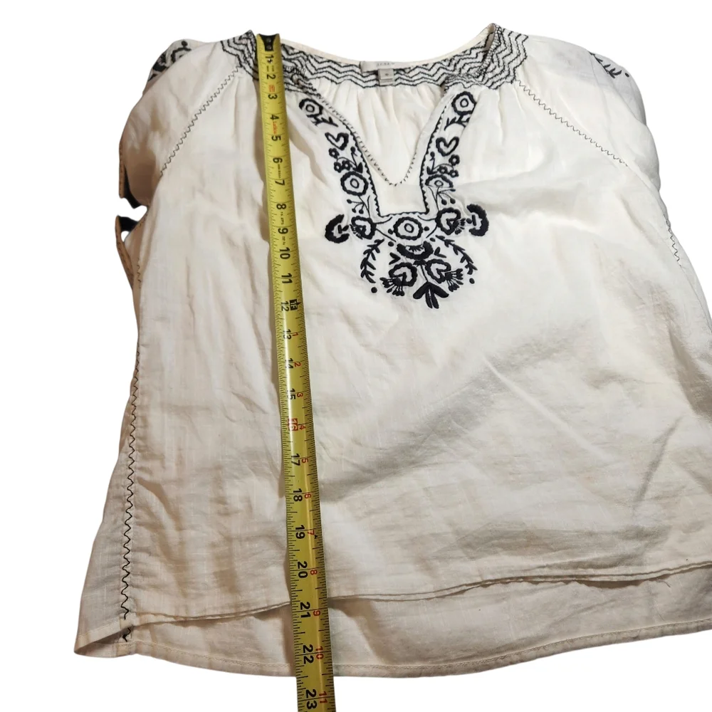 J. Crew Top Airy White Cotton Embroidered Short Puff Sleeve Gauze Boho Blouse 10